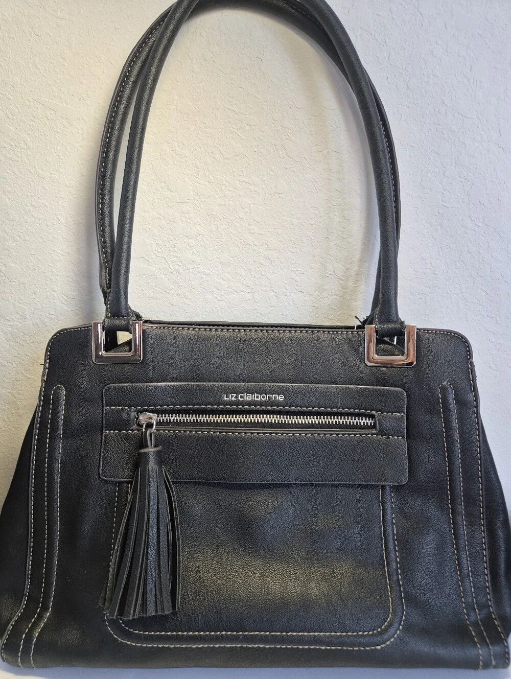 Liz Claiborne Black Leather Sholder Bag 3 Compartments Multiple Pockets!